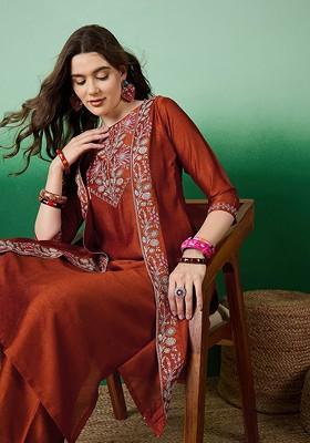 Rust Embroidered Blended Kurta Set