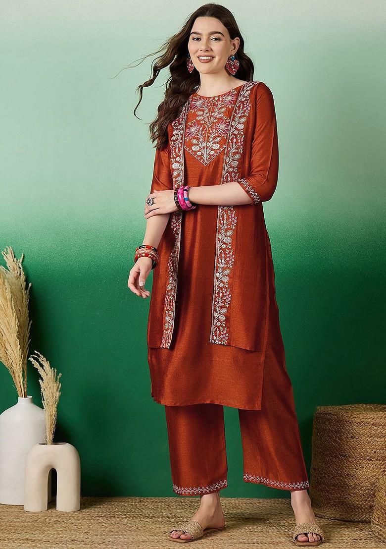 Rust Embroidered Blended Kurta Set - Indya