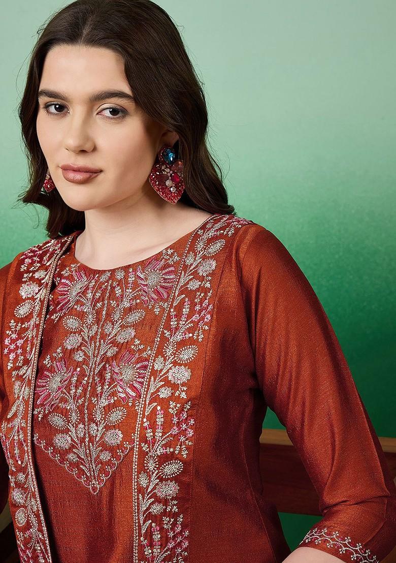 Rust Embroidered Blended Kurta Set - Indya