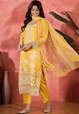 Yellow Embroidered Blended Kurta Set