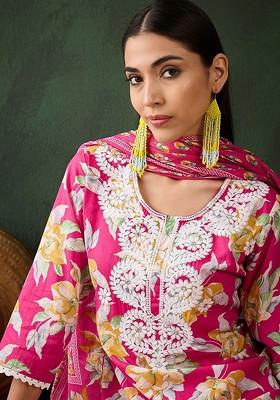 Magenta Printed Blended Kurta Set