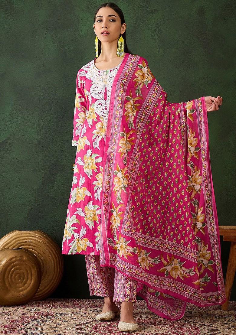 Magenta Printed Blended Kurta Set - Indya