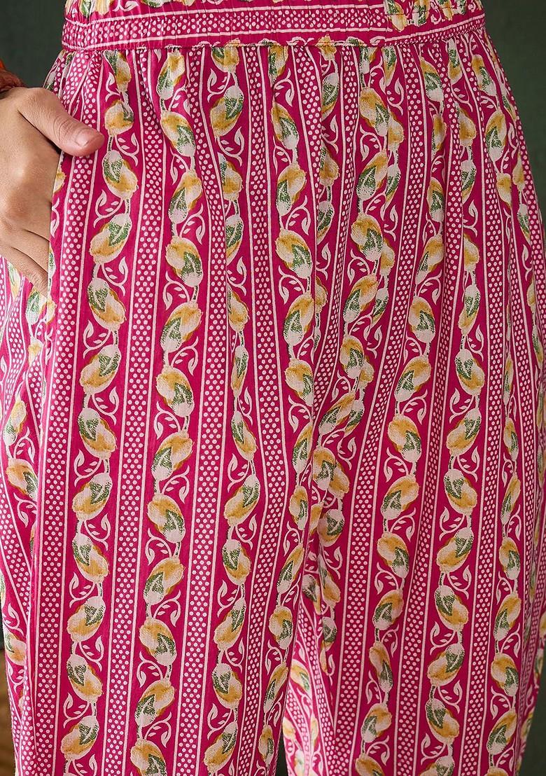 Magenta Printed Blended Kurta Set - Indya