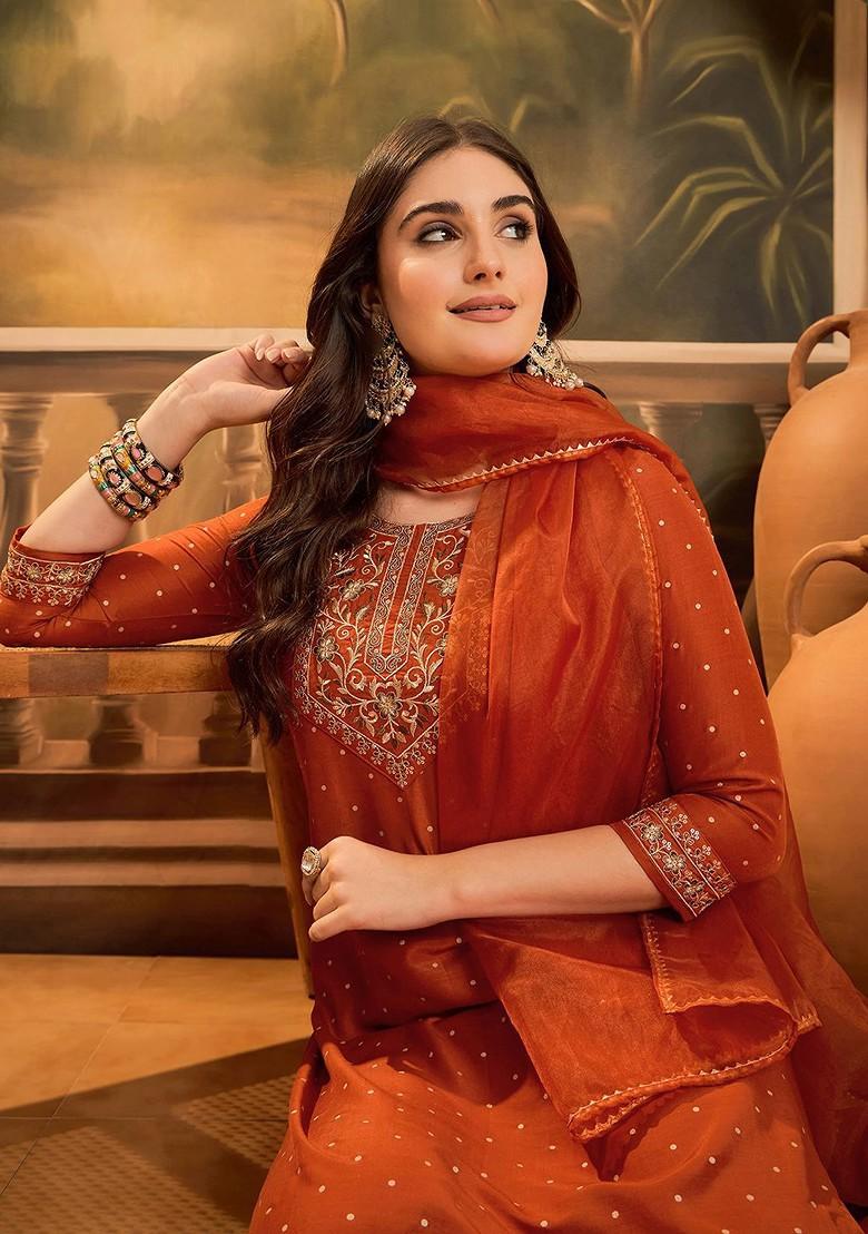 Orange Printed Blended Kurta Set - Indya