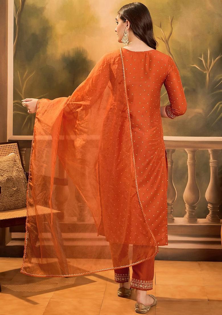 Orange Printed Blended Kurta Set - Indya