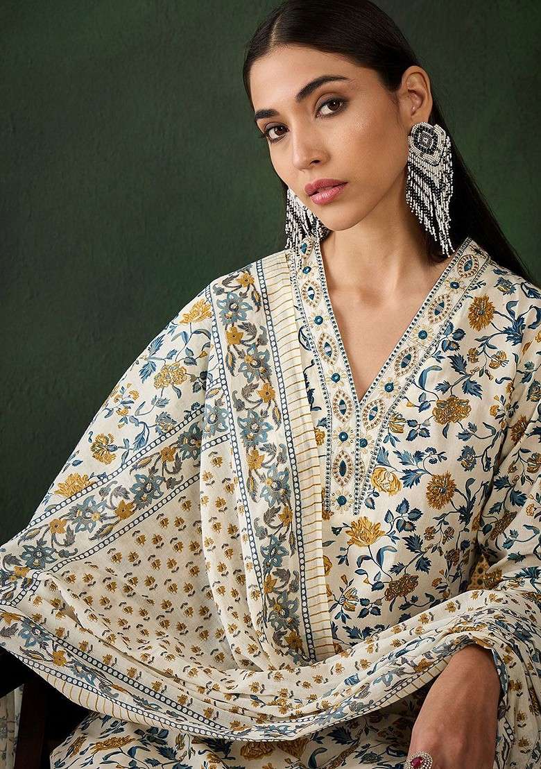 Cream Printed Blended Kurta Set - Indya