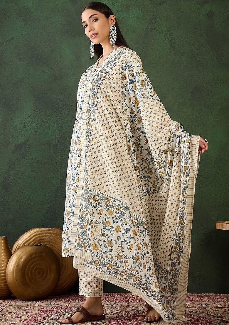 Cream Printed Blended Kurta Set - Indya