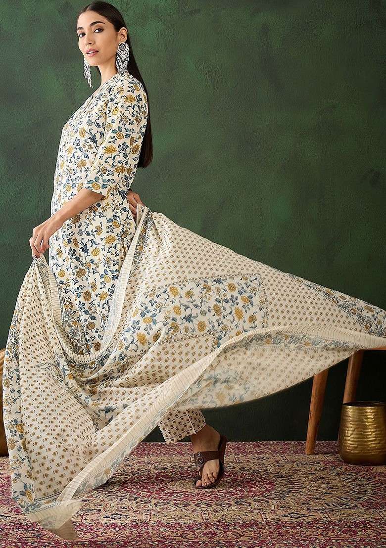 Cream Printed Blended Kurta Set - Indya