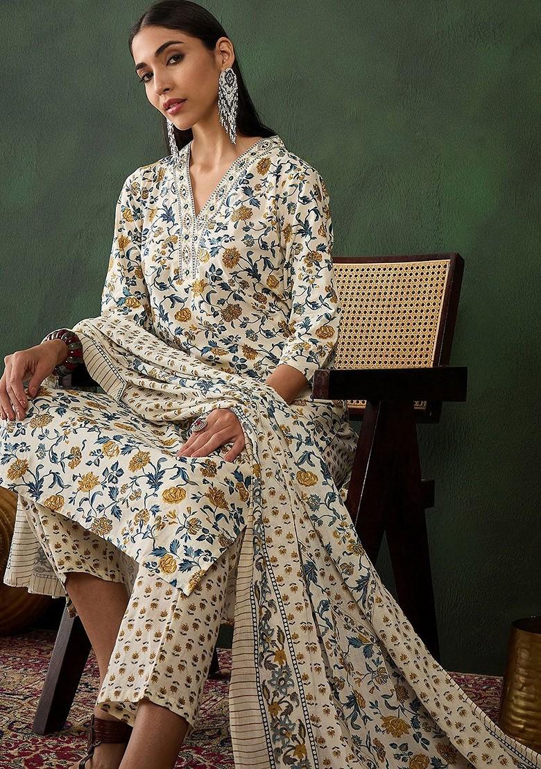 Cream Printed Blended Kurta Set - Indya