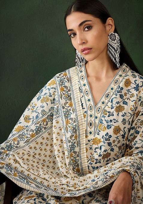 Cream Printed Blended Kurta Set