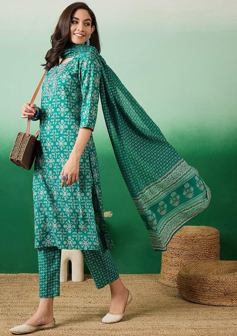 Sea Green Printed Blended Kurta Set - Indya