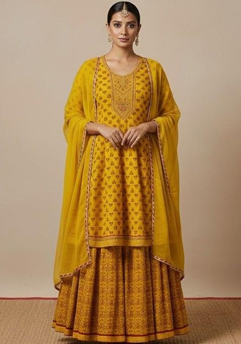Yellow Printed Blended Kurta Set