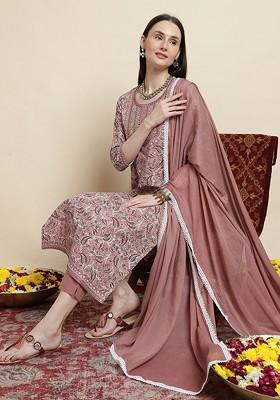 Peach Printed Blended Kurta Set