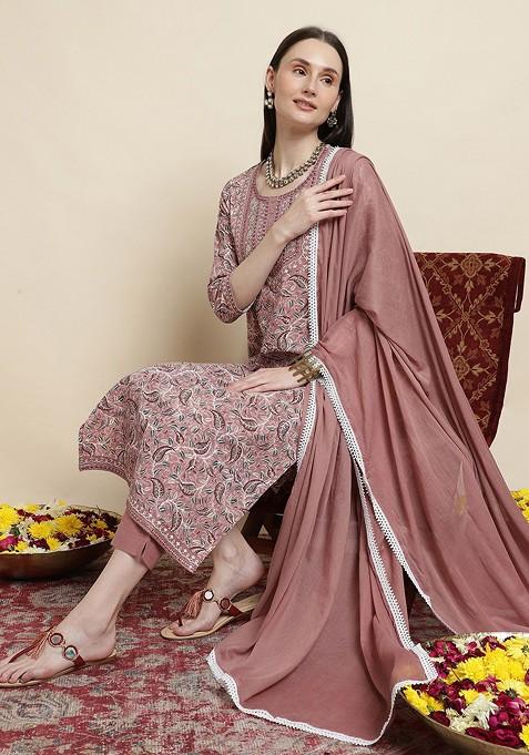 Peach Printed Blended Kurta Set