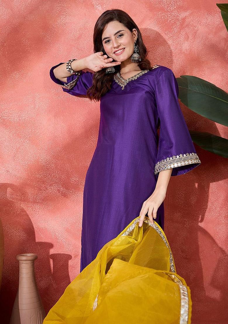 Purple Yoke Design Blended Kurta Set - Indya