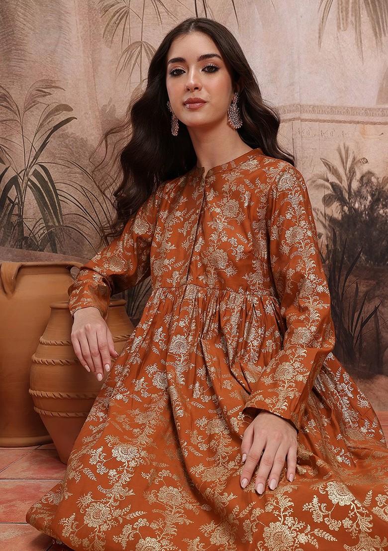 Rust Printed Blended Kurta Set