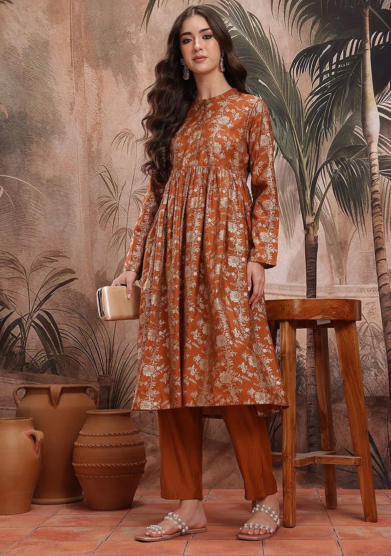 Rust Printed Blended Kurta Set