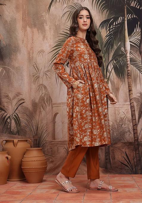 Rust Printed Blended Kurta Set