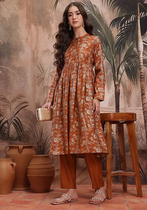Rust Printed Blended Kurta Set