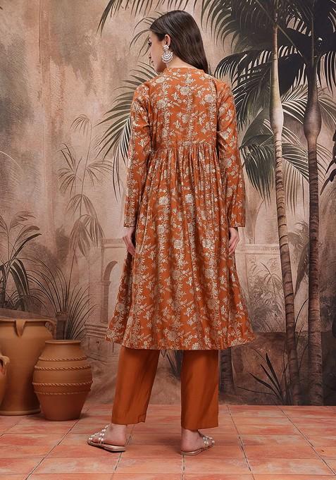 Rust Printed Blended Kurta Set