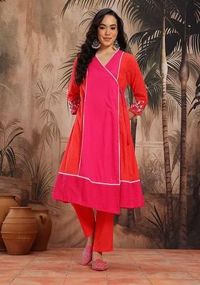 Fuchsia Embroidered Blended Kurta Set