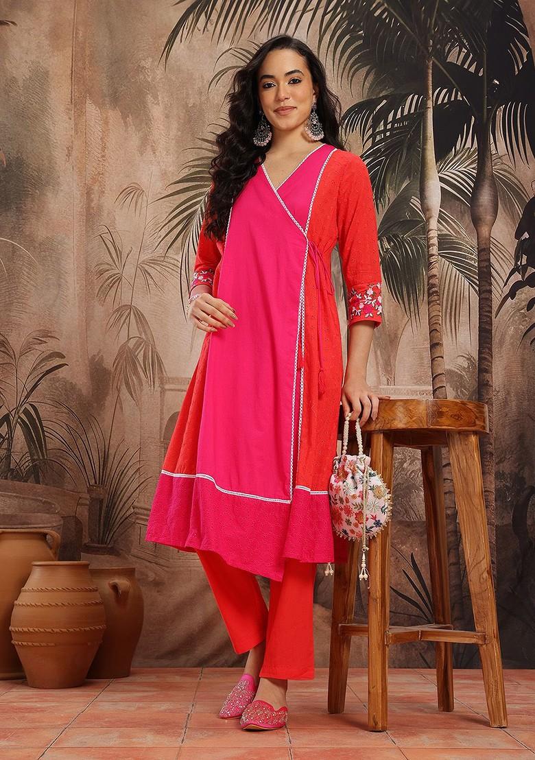 Fuchsia Embroidered Blended Kurta Set - Indya