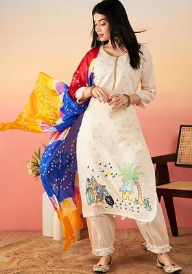 Off White Printed Blended Kurta Set