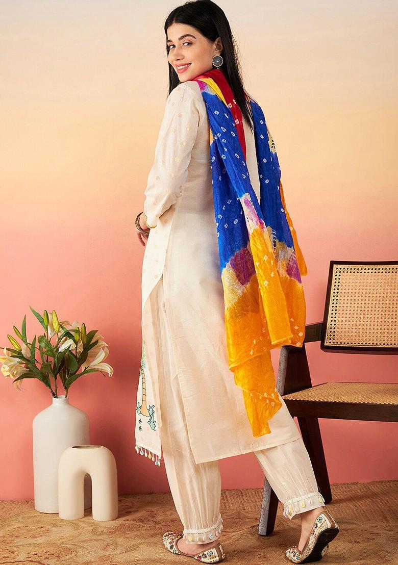 Off White Printed Blended Kurta Set - Indya