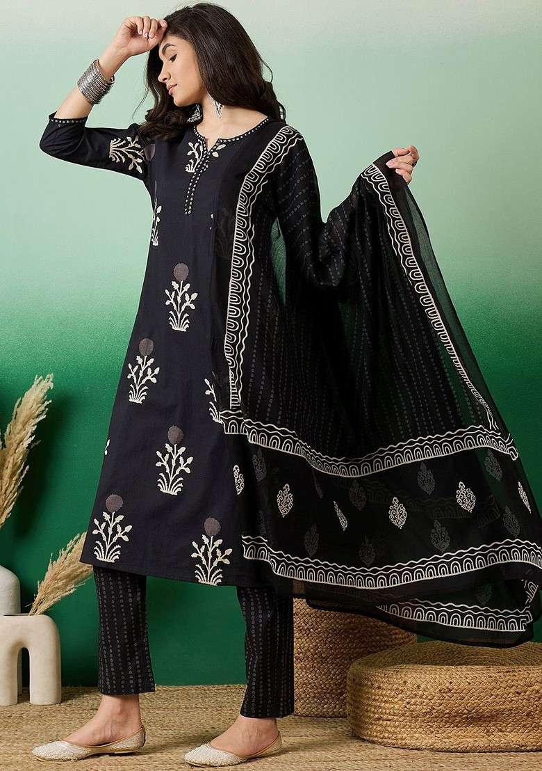 Black Printed Blended Kurta Set - Indya
