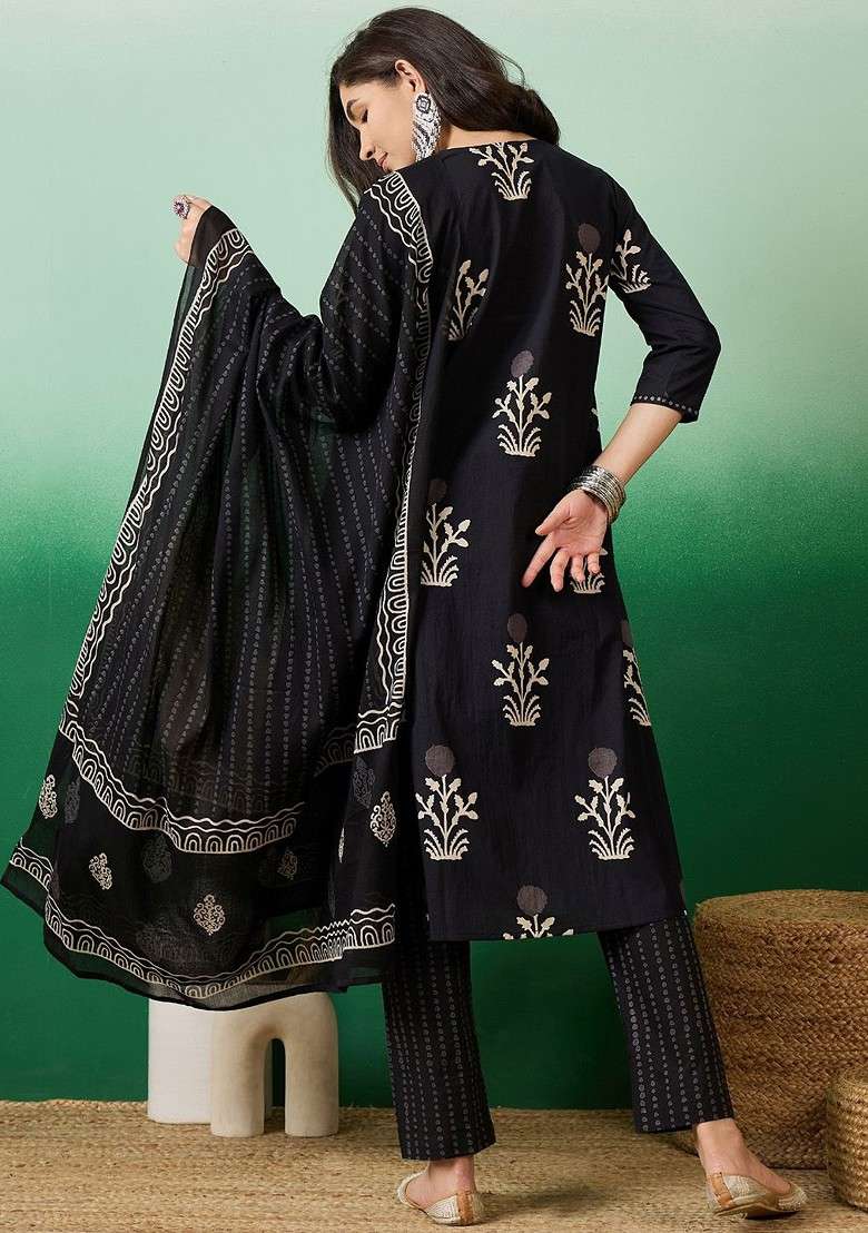 Black Printed Blended Kurta Set - Indya