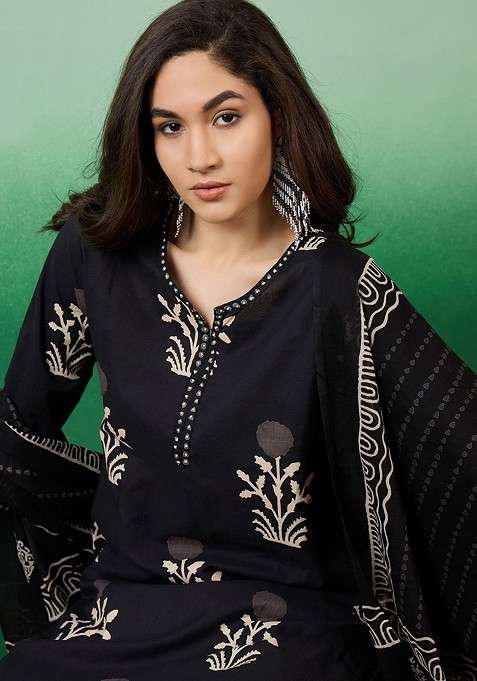 Black Printed Blended Kurta Set