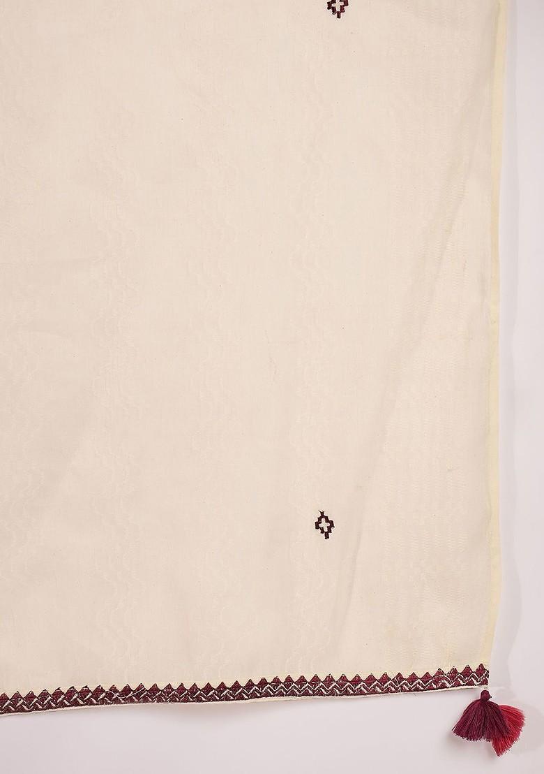 Cream Embroidered Blended Kurta Set - Indya