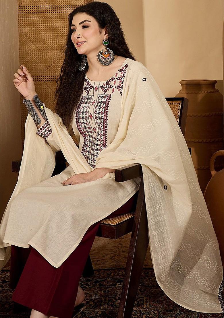 Cream Embroidered Blended Kurta Set - Indya