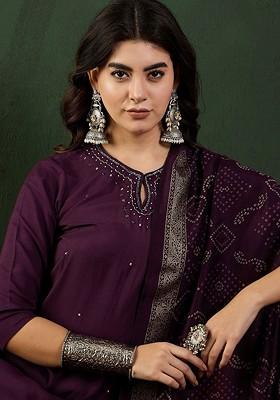 Purple Embellished Blended Kurta Set