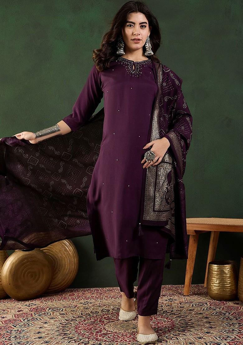 Purple Embellished Blended Kurta Set - Indya