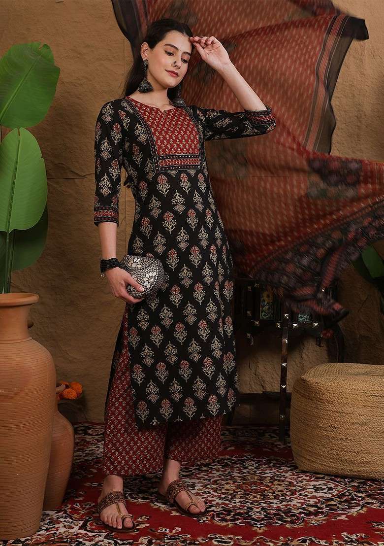 Black Printed Blended Kurta Set - Indya