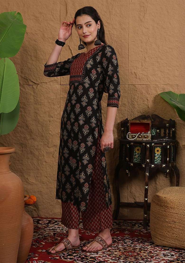 Black Printed Blended Kurta Set - Indya