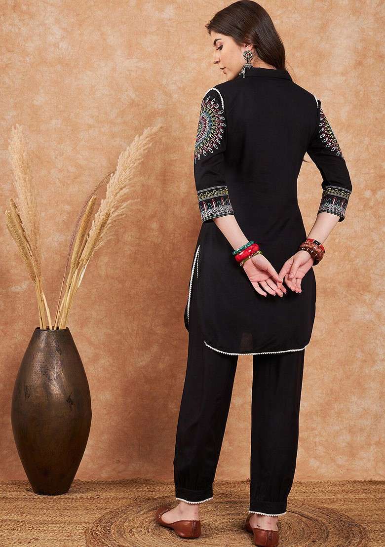 Black Embroidered Blended Kurta Set - Indya