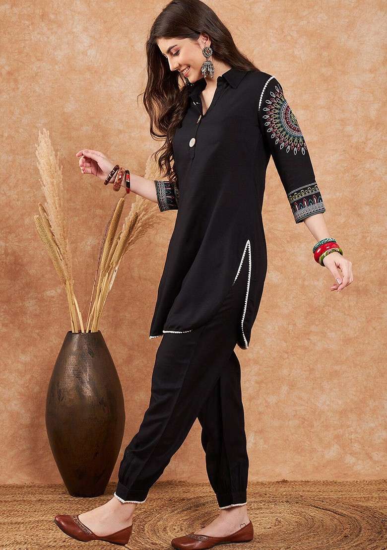 Black Embroidered Blended Kurta Set - Indya