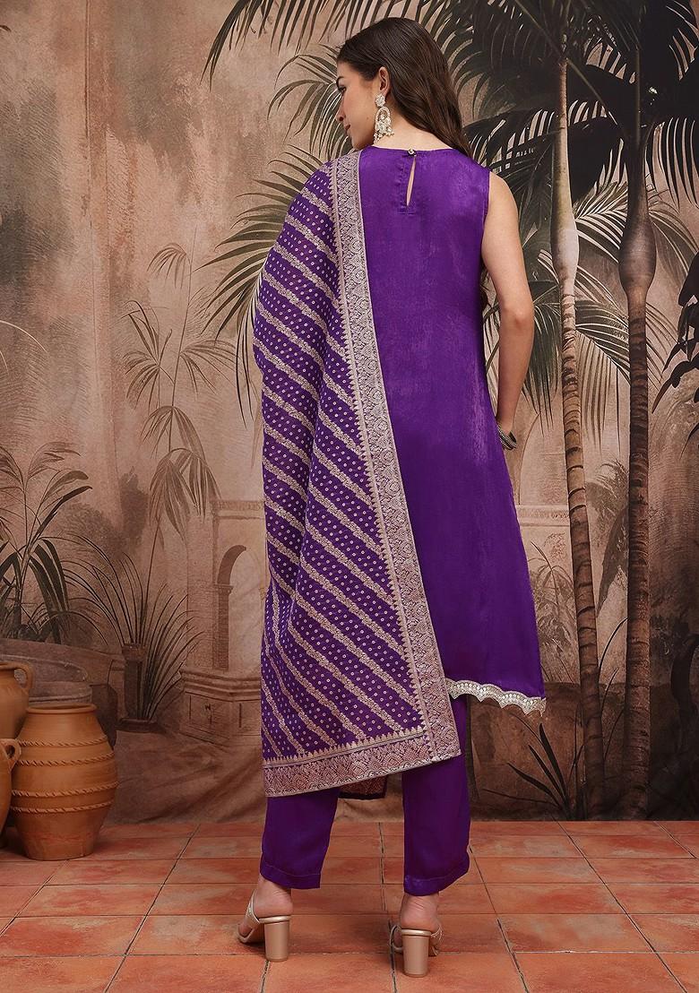 Purple Solid Blended Kurta Set - Indya
