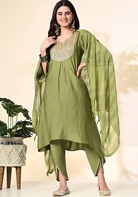 Green Sequinned Blended Kurta Set