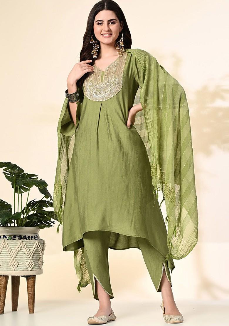 Green Sequinned Blended Kurta Set - Indya