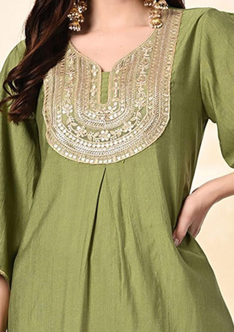 Green Sequinned Blended Kurta Set - Indya