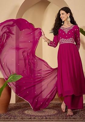 Fuchsia Embroidered Blended Kurta Set