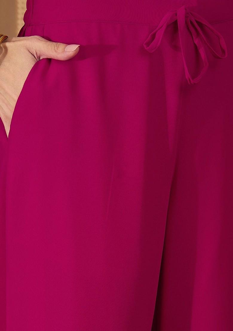 Fuchsia Embroidered Blended Kurta Set - Indya