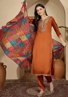 Orange Embroidered Blended Kurta Set