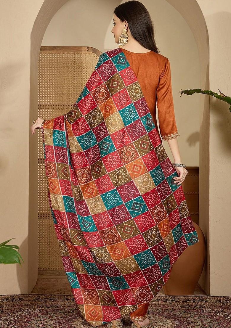 Orange Embroidered Blended Kurta Set - Indya