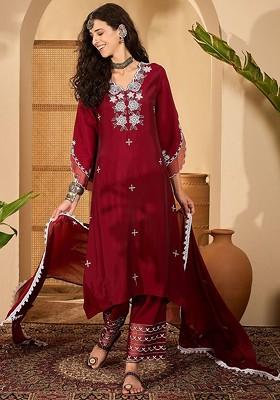 Maroon Embroidered Blended Kurta Set