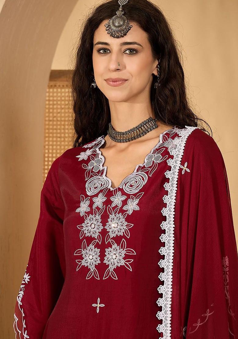 Maroon Embroidered Blended Kurta Set - Indya