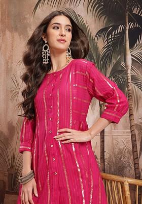 Fuchsia Woven Design Blended Kurta Set